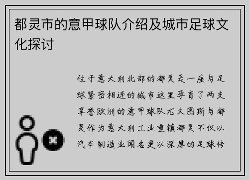 都灵市的意甲球队介绍及城市足球文化探讨