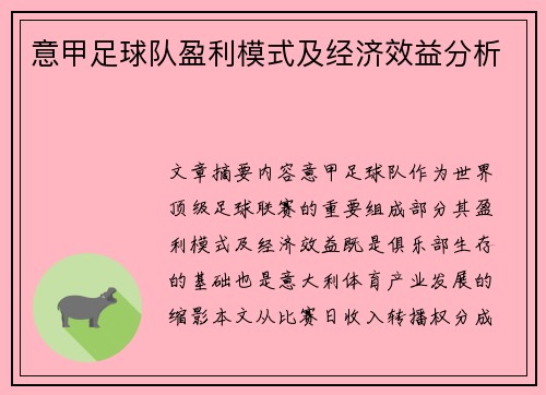 意甲足球队盈利模式及经济效益分析